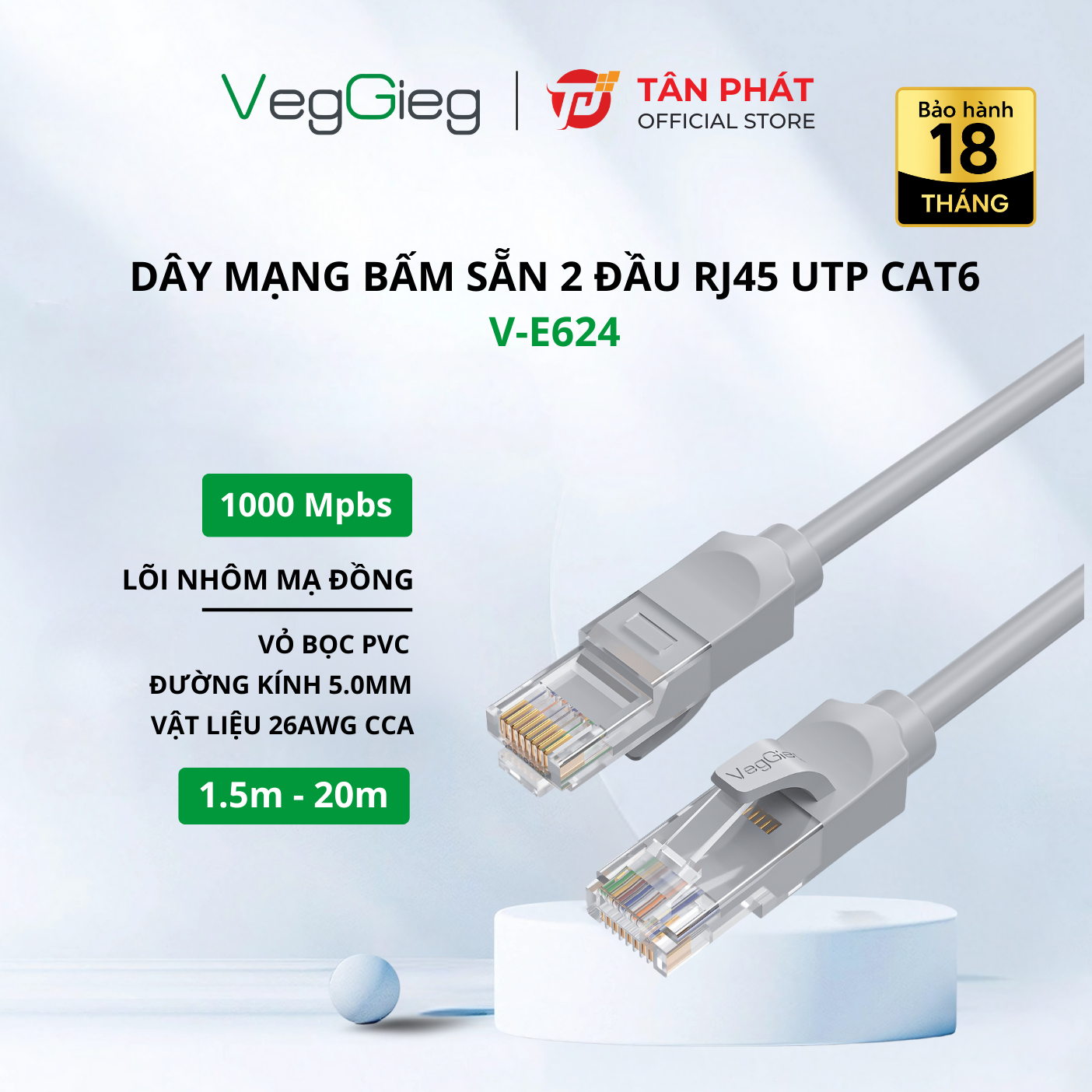 VegGieg 28406 Cáp dữ liệu mạng cat6 bấm sẵn 2 đầu 1m VegGieg V-E624