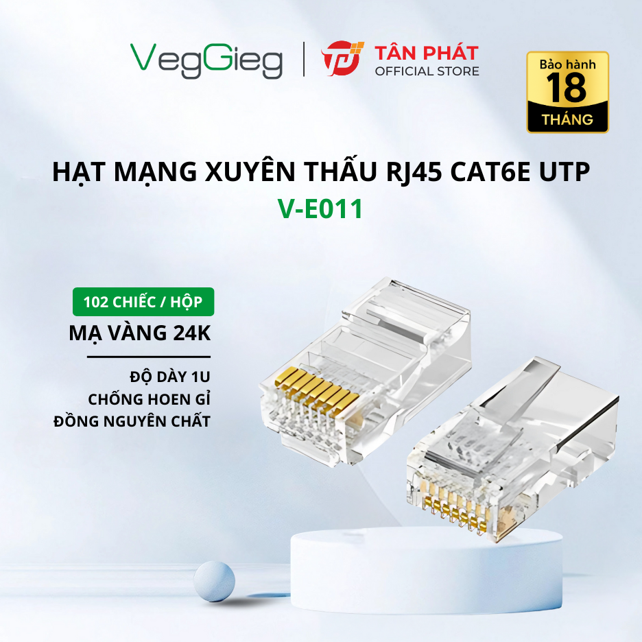 Veggieg 27183 100psc Hạt Mạng RJ45 CAT6e UTP Xuyên Thấu 8P8C V-E011