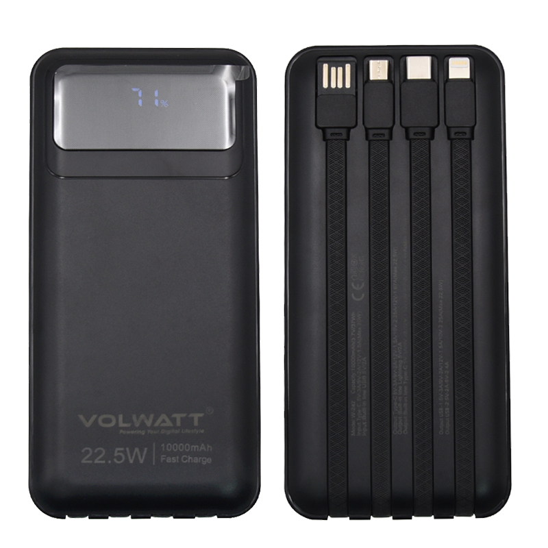 Volwatt 27716 10000mAh 22.5w Màu Đen Pin sạc dự phòng hỗ trợ đầu ra Type-C, Lightning, Micro USB và đèn pin GE-10K5