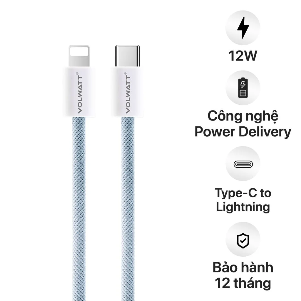 Volwatt 27951 1M 27W Cáp Lightning Sạc Nhanh Type C-L Dây Dù Xanh Nhạt Truyền Dữ Liệu Tốc Độ Cao 2.0 Usb-C To Lightning Cable GE-024-CL ( hộp trắng cam cáp màu xanh )