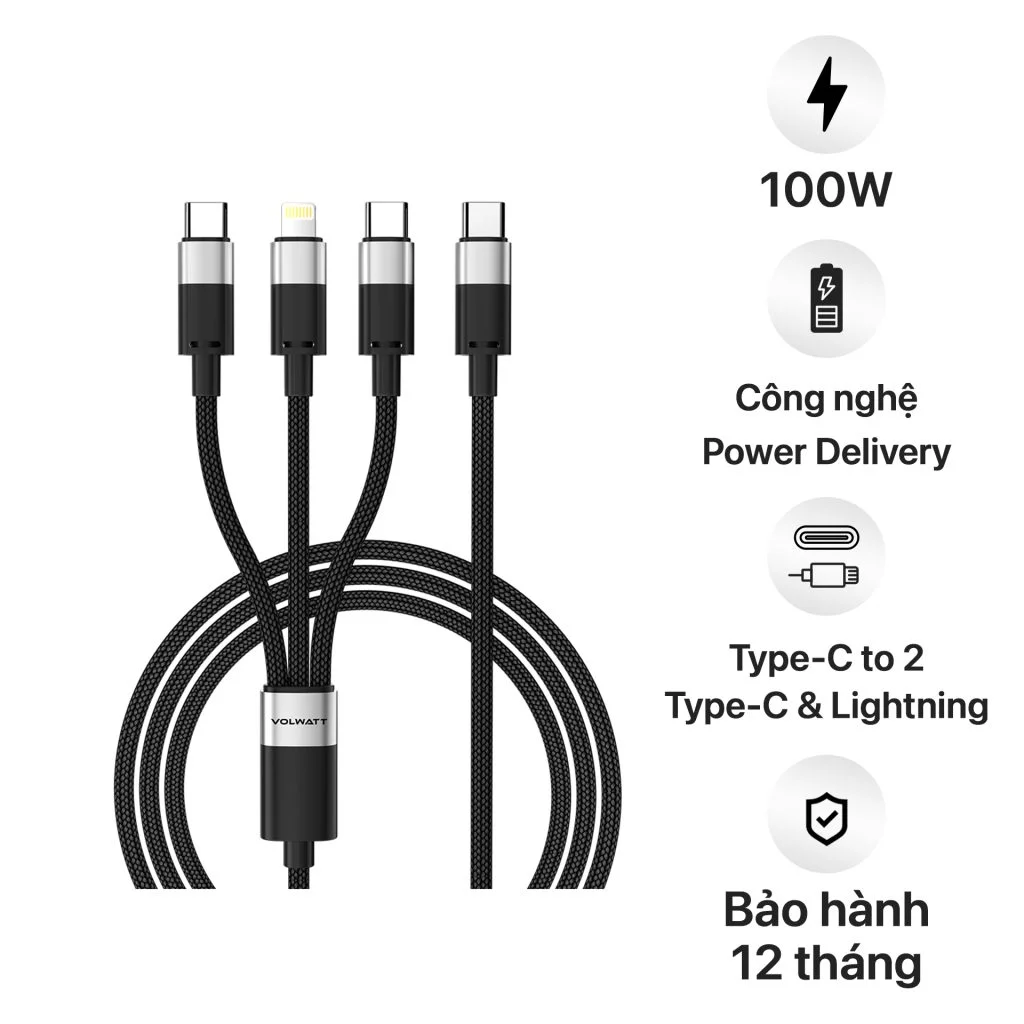 Volwatt 28533 1.5m PD 100w Type-C to 2*C & Lightning màu đen Sạc siêu nhanh & truyền dữ liệu tốc độ cao Type-C to 2 Type-C & Lightning GE-A36-S3
