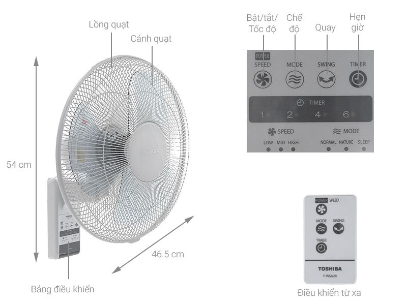 Quạt treo tường Toshiba F-WSA20 màu trắng