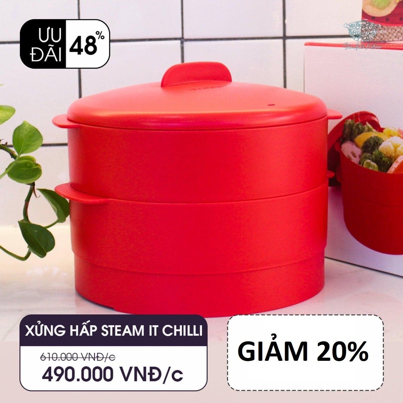 Xửng hấp 2 tầng Tupperware màu đỏ