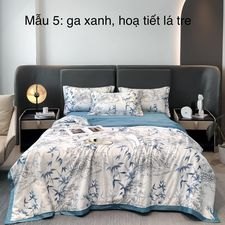 Bộ chăn, ga, vỏ gối lụa thái - Mẫu 5: ga xanh, hoạ tiết lá tre (yêu cầu bo chun)