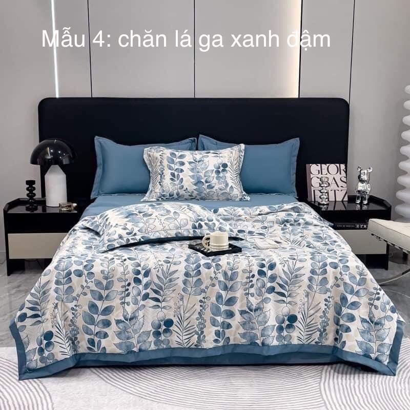 Bộ chăn trần, ga, vỏ gối lụa Thái 40s - mẫu 4 - chăn lá, ga xanh đậm