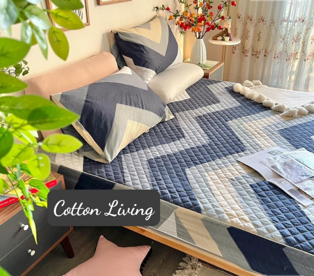 Bộ ga trần + 2 vỏ gối cotton living mẫu GHI pha XANH