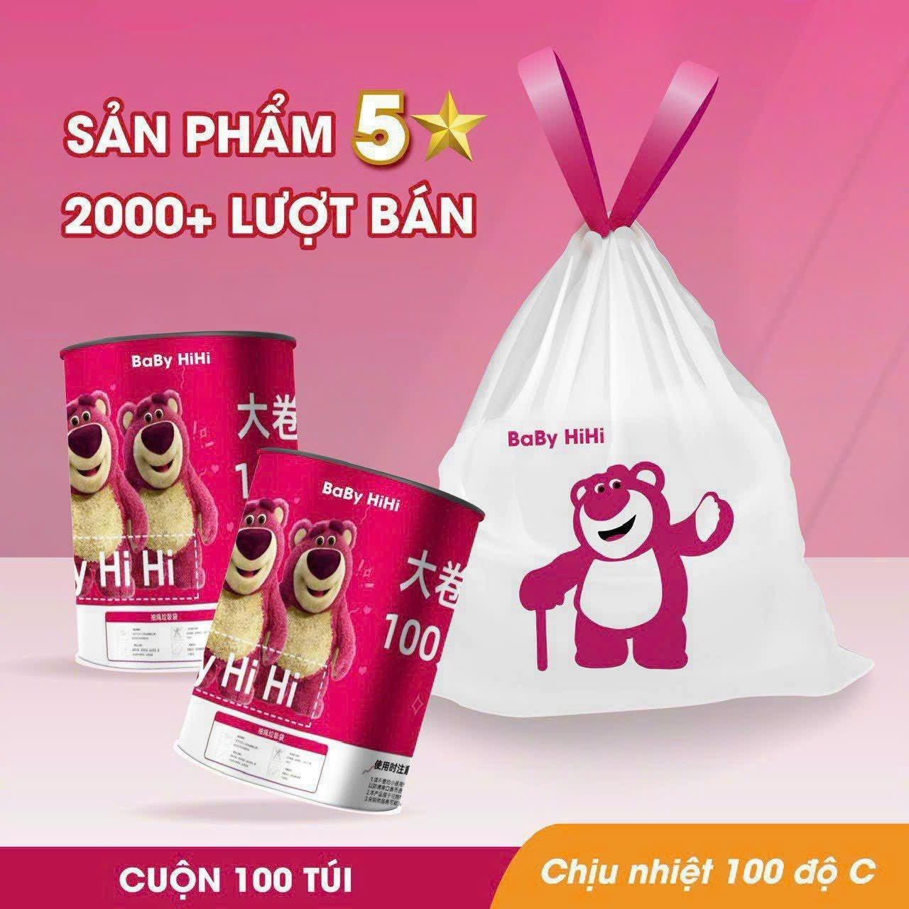 Cuộn 100 túi rác có dây rút Losto (màu hồng)