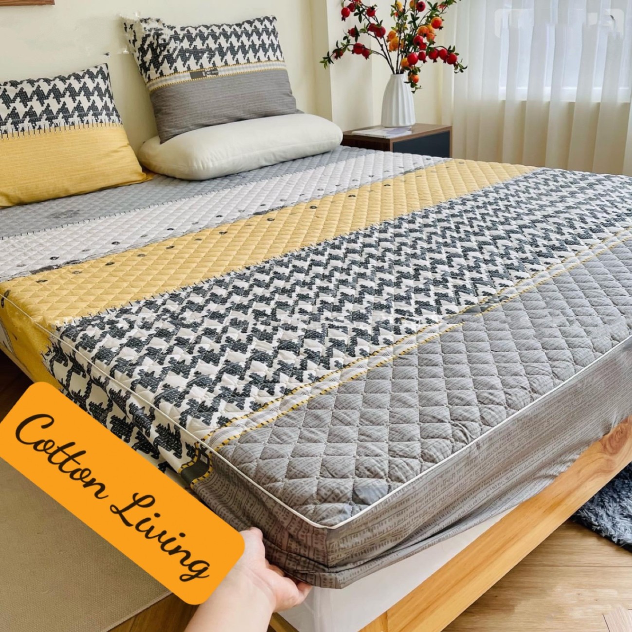 Bộ ga trần + 2 vỏ gối cotton living mẫu Roma vàng xám