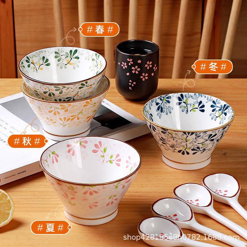 Set 4 bát dáng vát + 4 thìa mẫu hoa