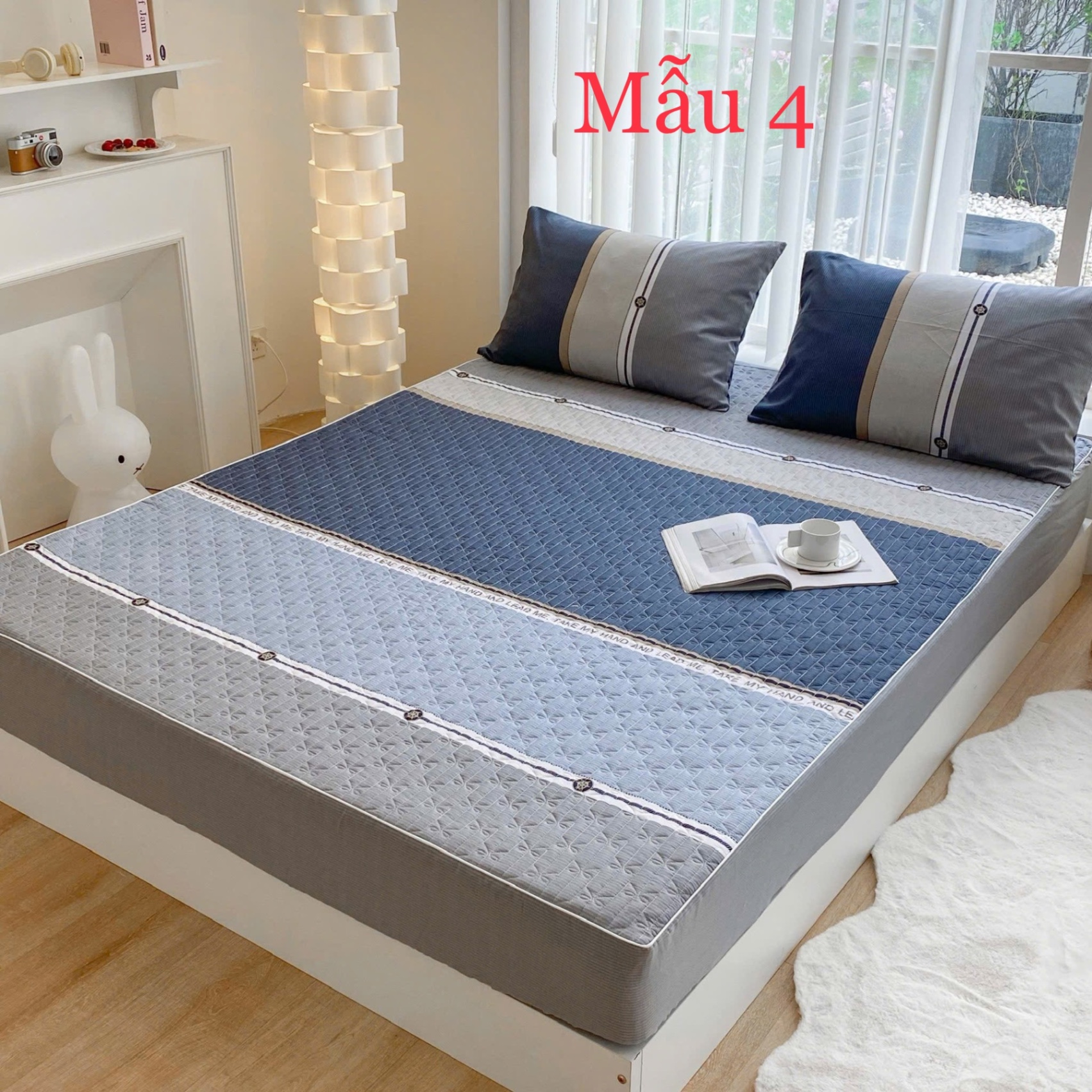 Bộ ga trần + 2 vỏ gối cotton living (Mẫu 4 - nền ghi sọc trắng)