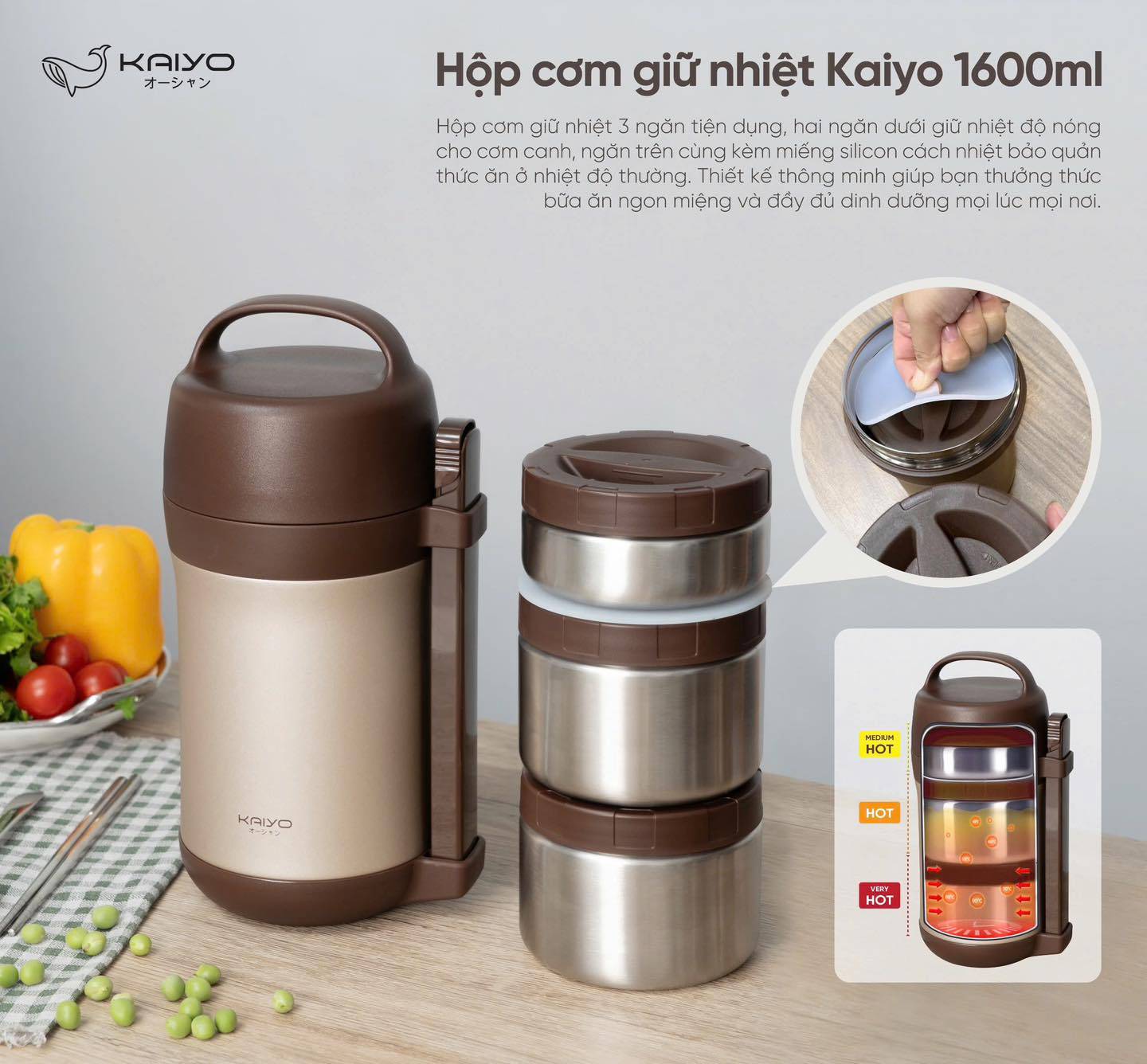 Hộp cơm giữ nhiệt 1600ml Kaiyo - màu vàng gold