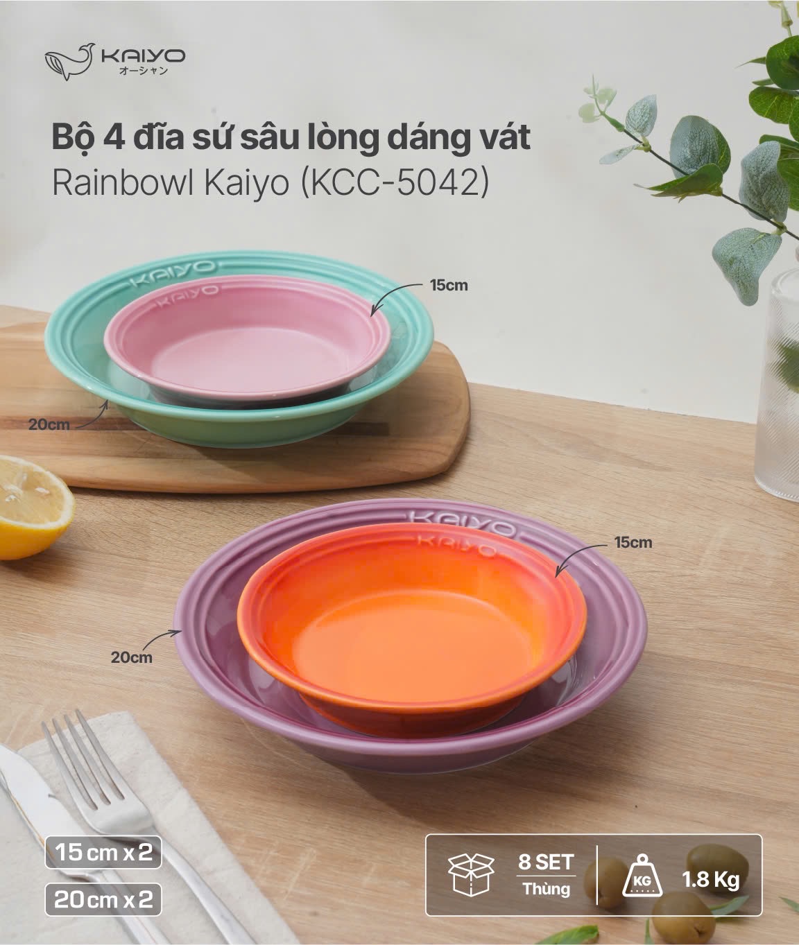 Set 4 đĩa gốm sứ cầu vồng sâu lòng dáng vát size 15cm + 20cm (KCC-5042)