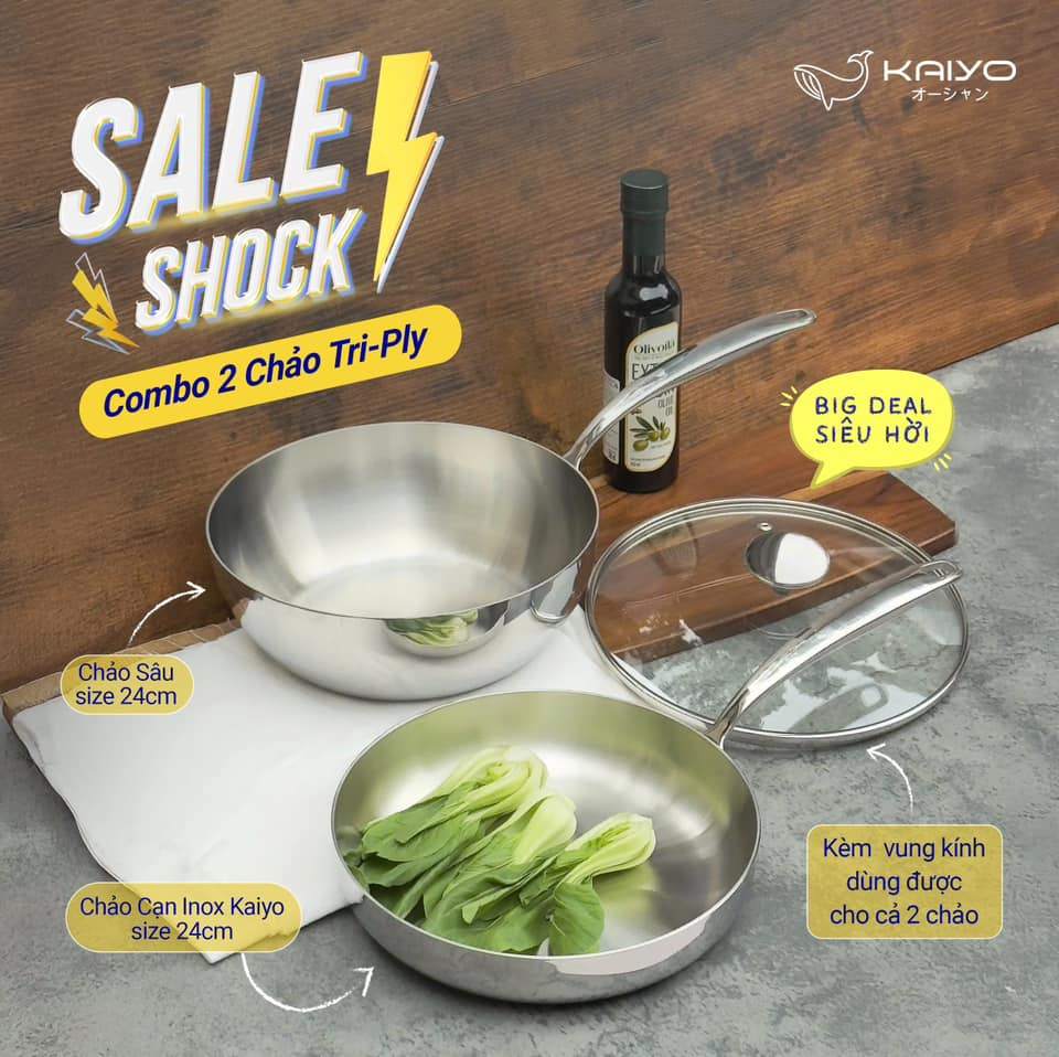 SALE: Combo 2 chảo inox 304 dòng Tri-ply Kaiyo (24cm cạn + 24cm sâu lòng)