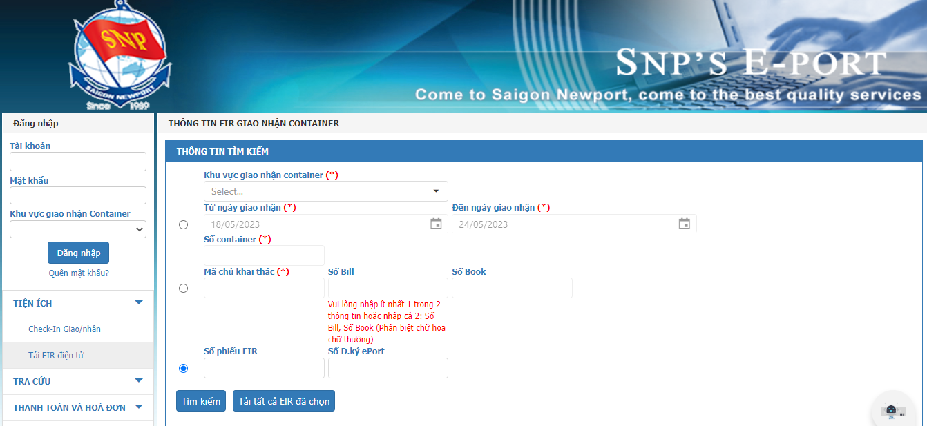 Tra cứu phiếu EIR Saigonnewport