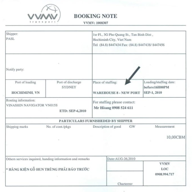 mẫu booking note của hãng tàu