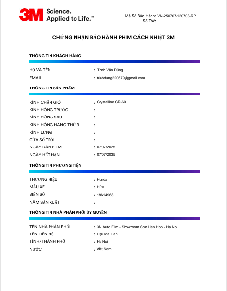 bảo hành điện tử phim cách nhiệt 3M