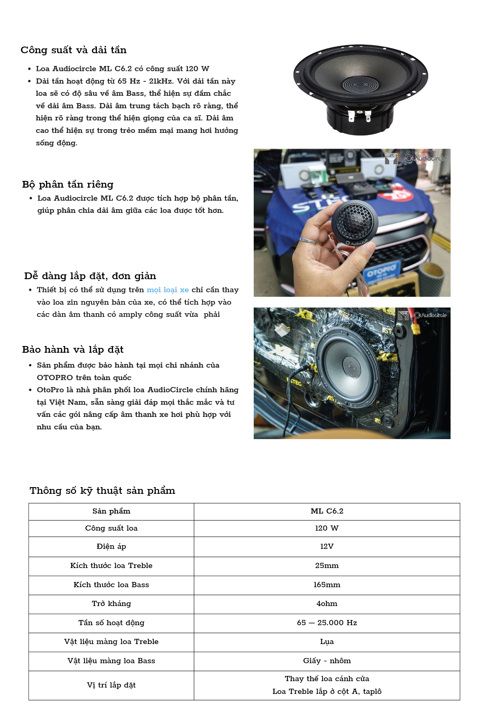 Thông số kỹ thuật bộ loa phân tần Audiocircle ML-C6.2 MKII tại nam định