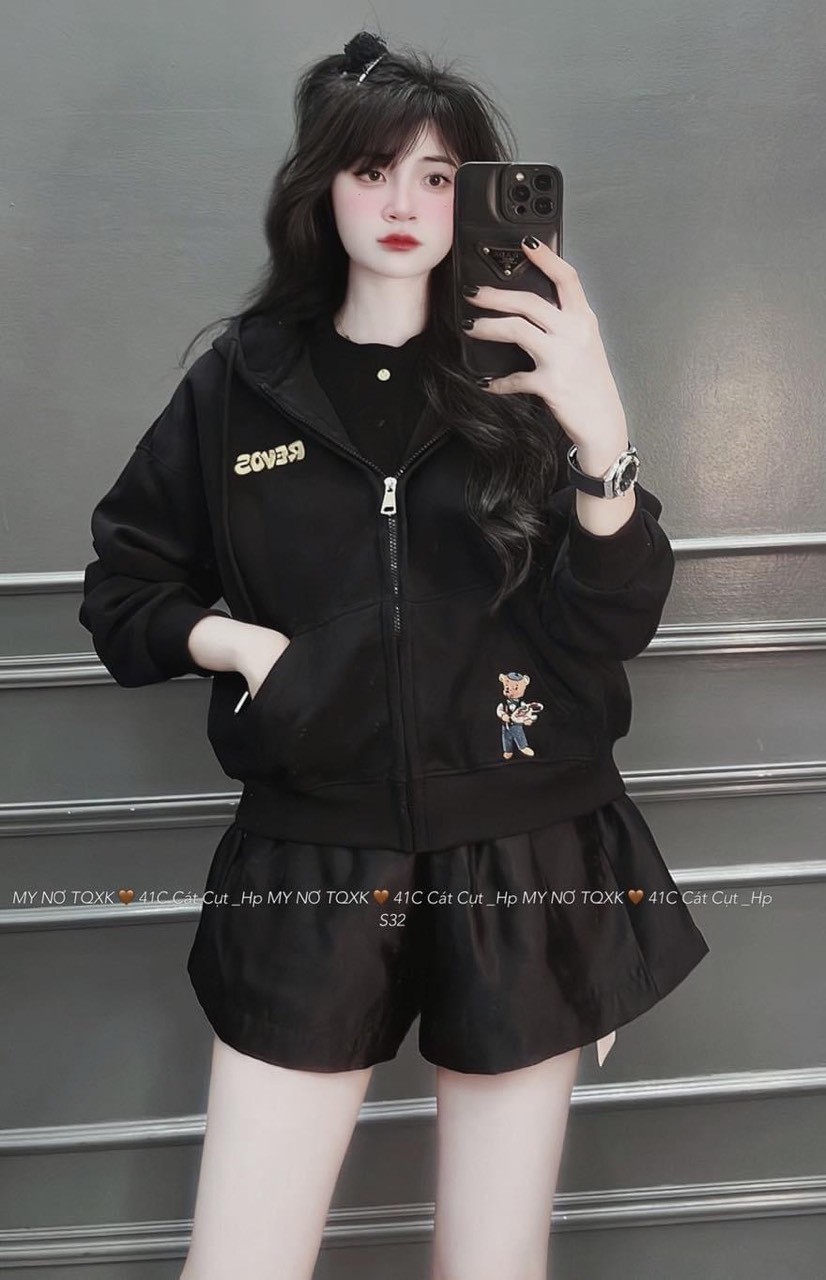 Áo khoác nỉ mũ kéo khóa chữ REVOS