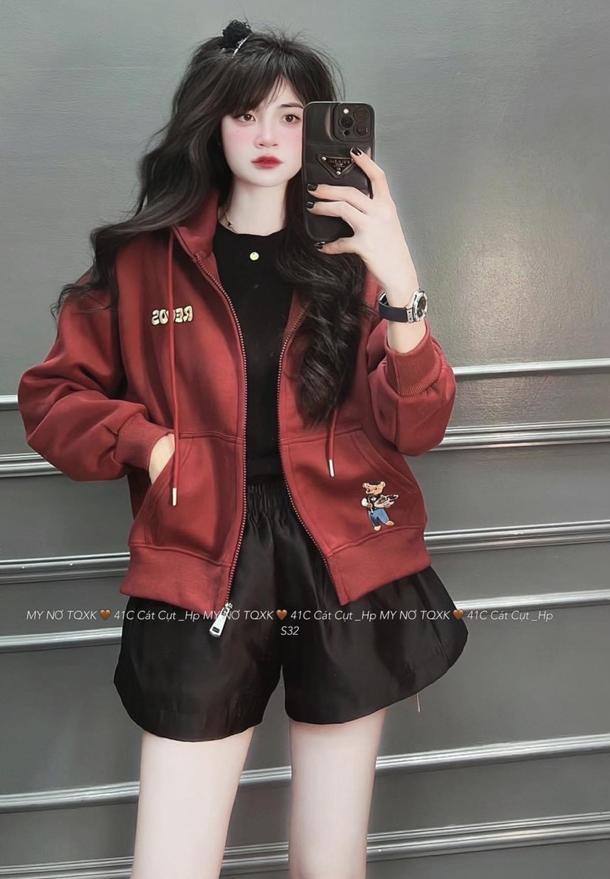 Áo khoác nỉ mũ kéo khóa chữ REVOS