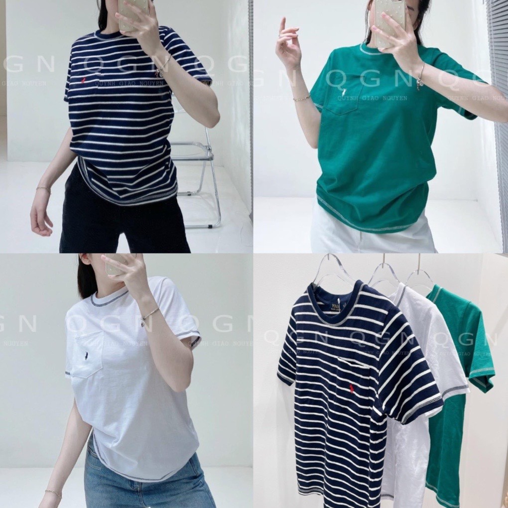 Sét 3 Áo Phông Xanh Trắng Kẻ Thêu Ngựa