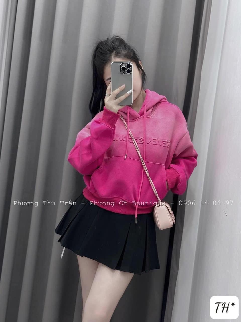 Áo nỉ hoodie loang hồng đáp chữ nổi QCCC