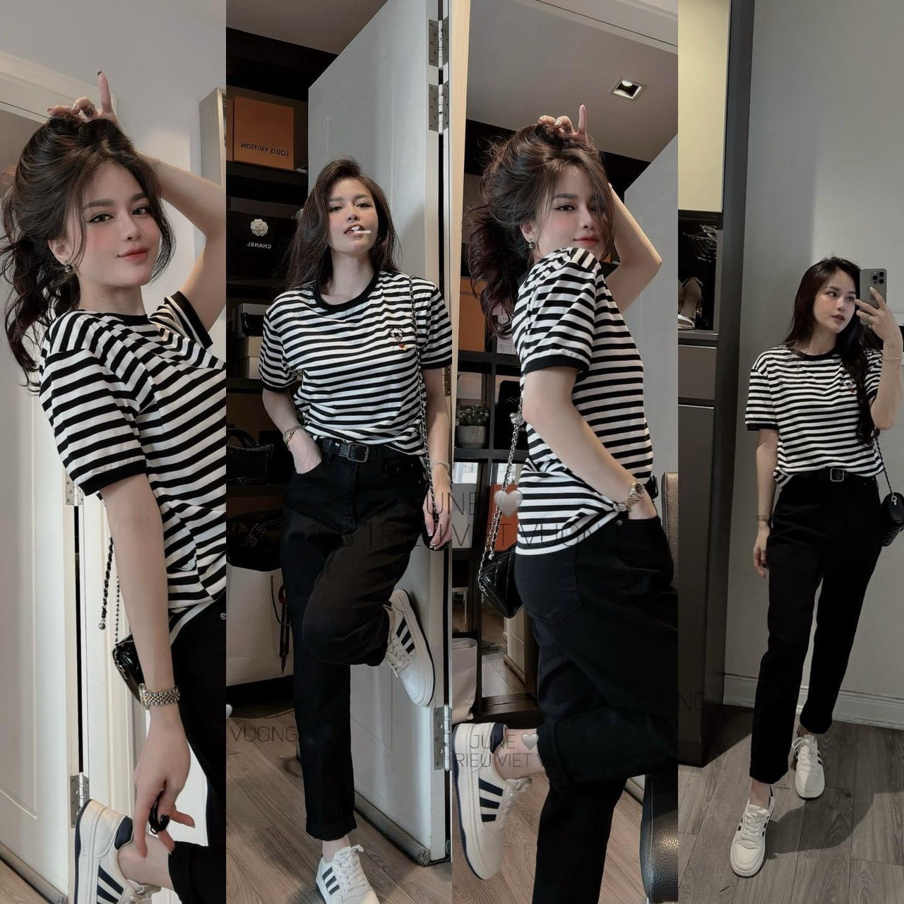 Set 2 Áo Cộc Kẻ Trắng Mickey