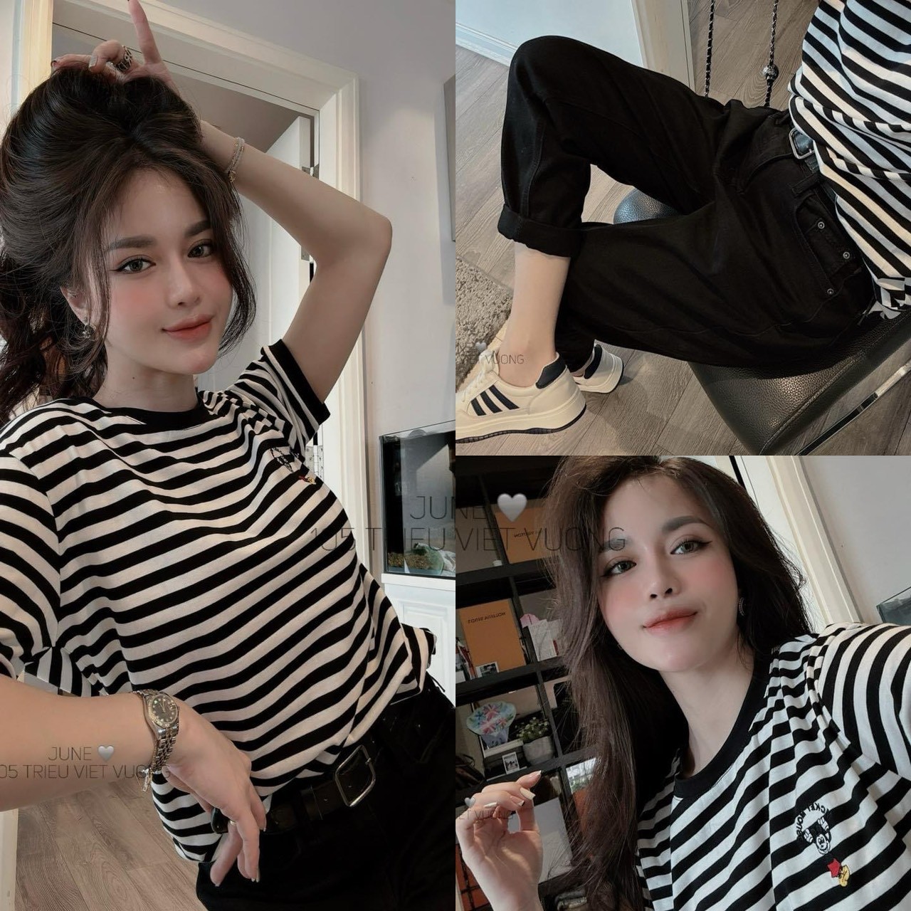 Set 2 Áo Cộc Kẻ Trắng Mickey