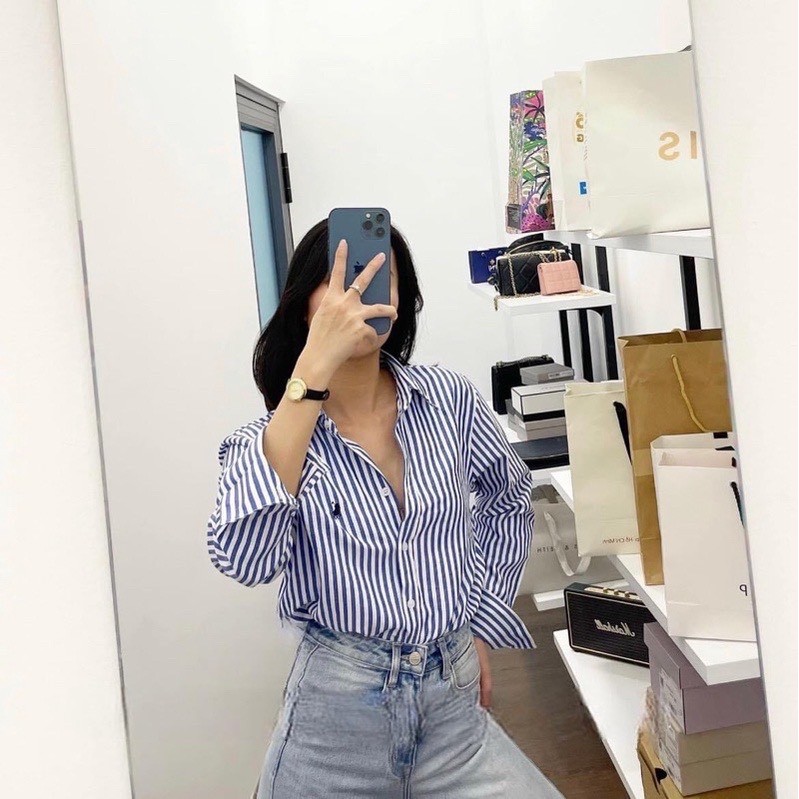 Áo Sơ Mi Kẻ Xanh Thêu Kỵ Sỹ