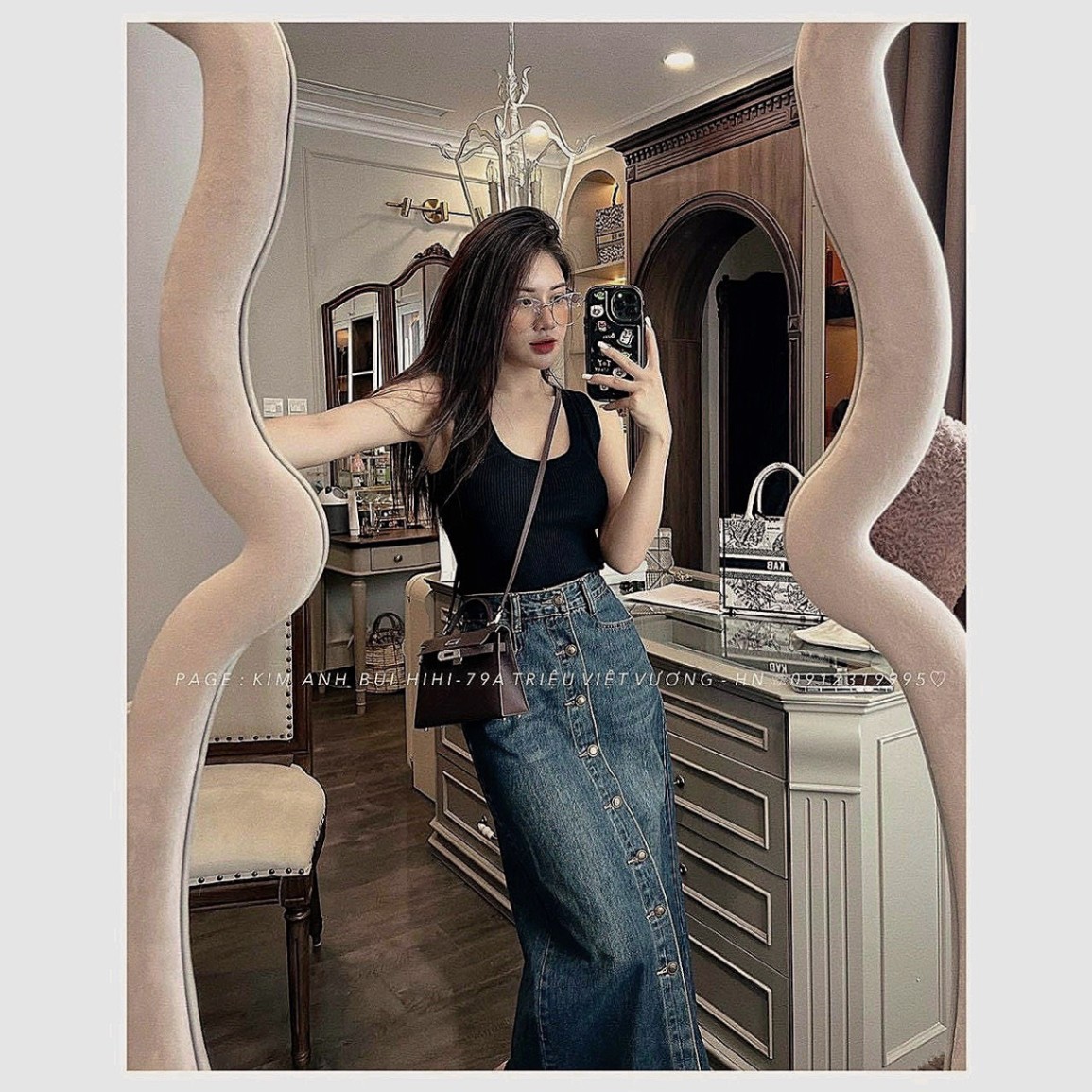 Chân Váy Jeans Khuy Dáng Dài Xẻ Trước
