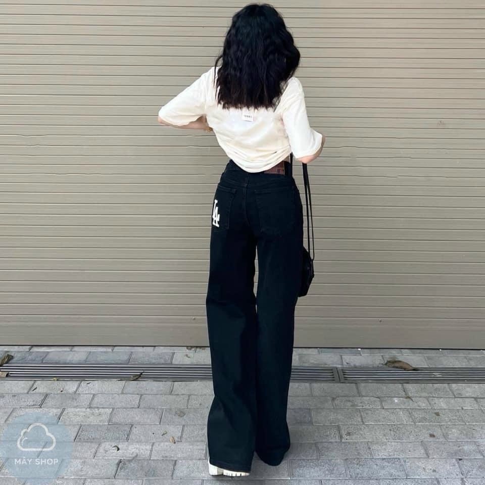 Quần Jeans Đen Suông Túi In LA