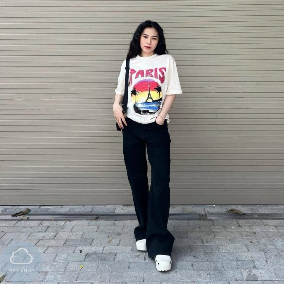 Quần Jeans Đen Suông Túi In LA