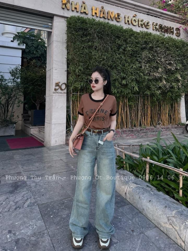 Quần Jeans Suông Túi Nâu Thêu