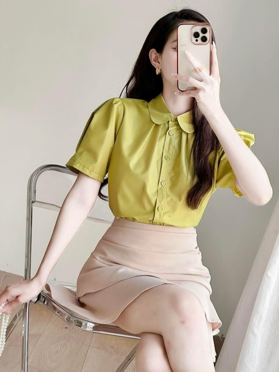 Áo SM GU Li Xếp Cổ Sen