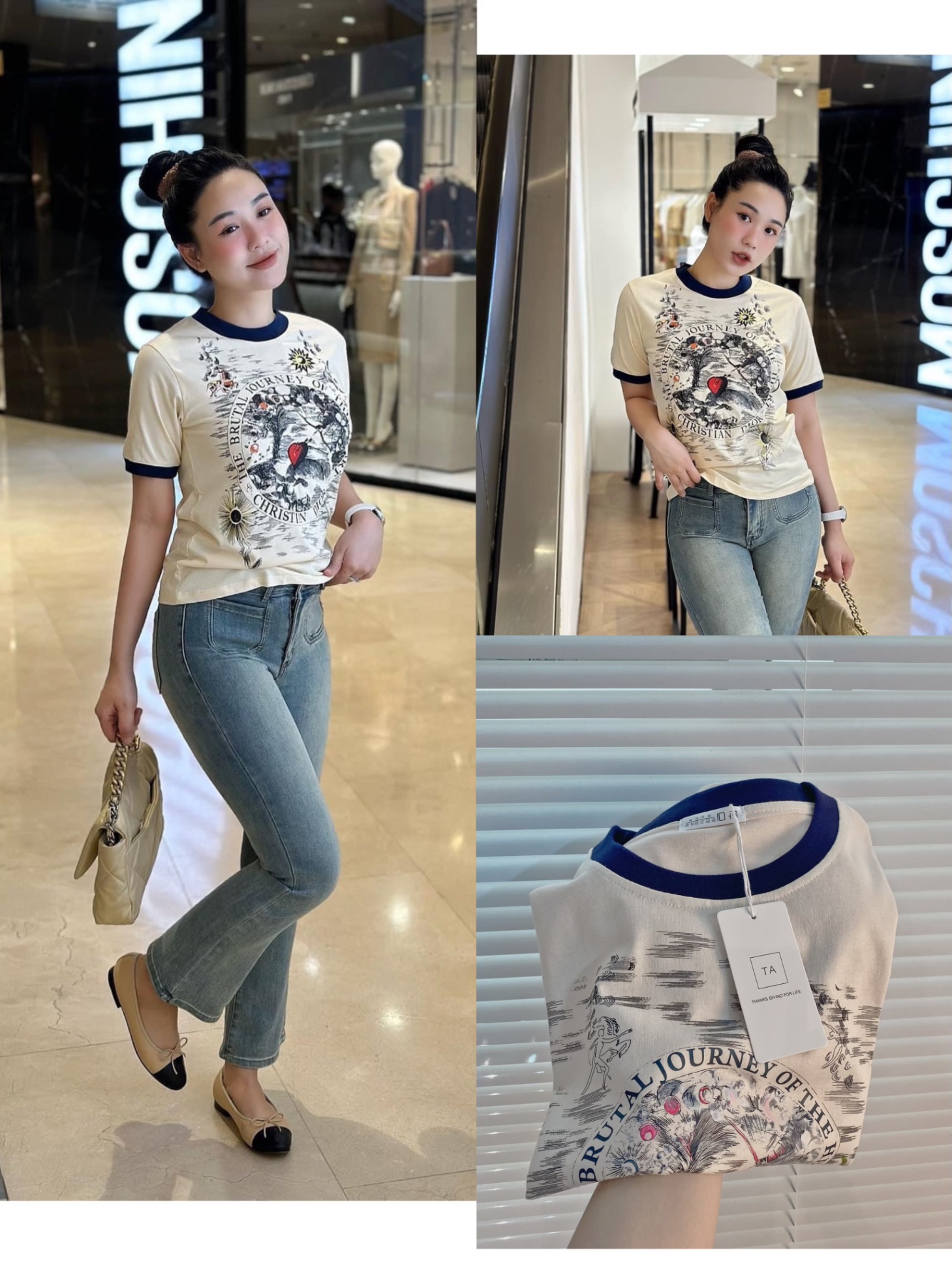 Áo phông be hoạ tiết Dior cổ than