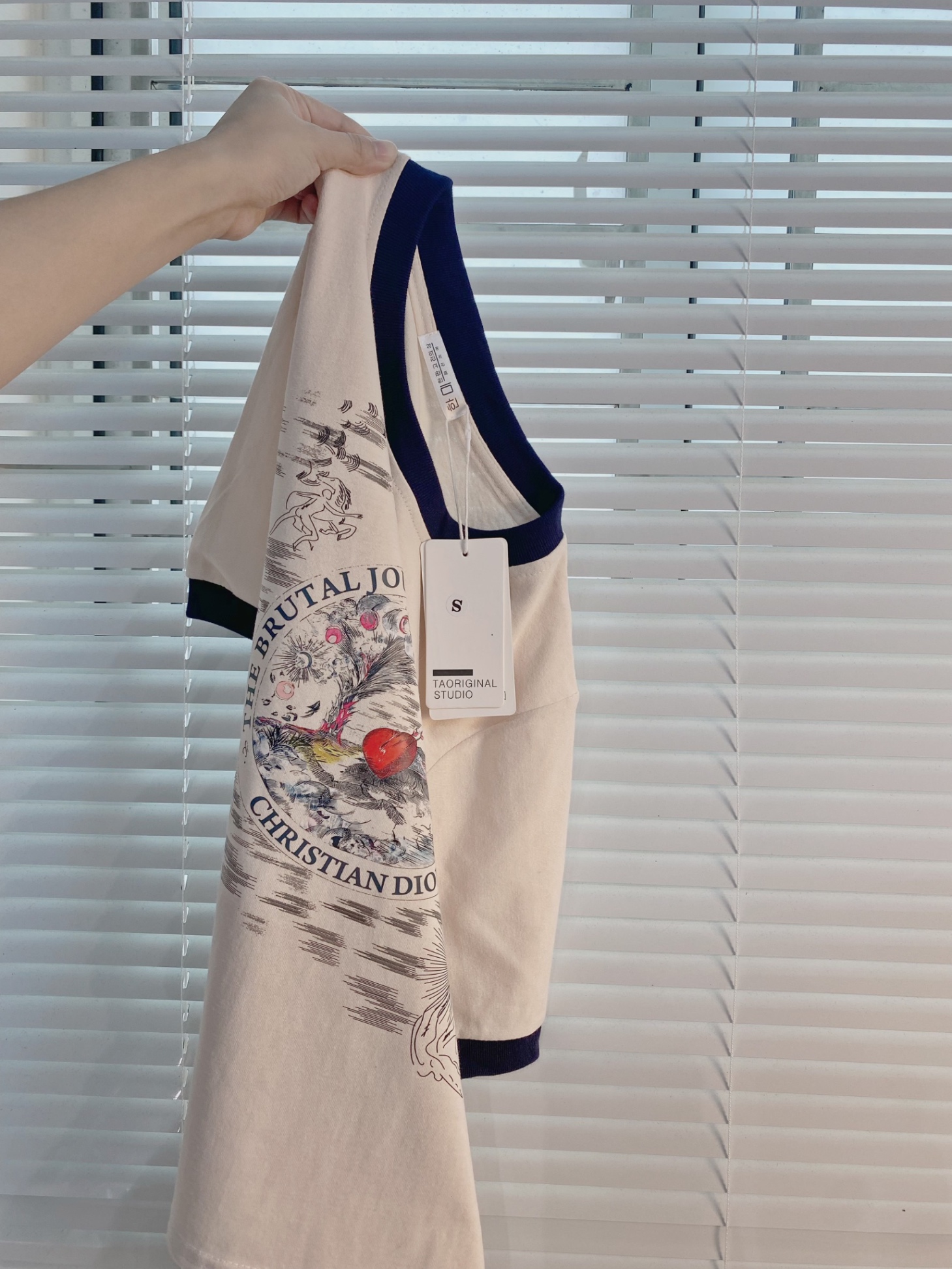Áo phông be hoạ tiết Dior cổ than