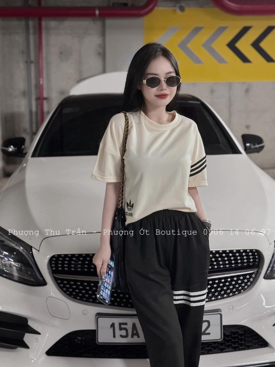Bộ Das Quần Đen Sọc Áo Be