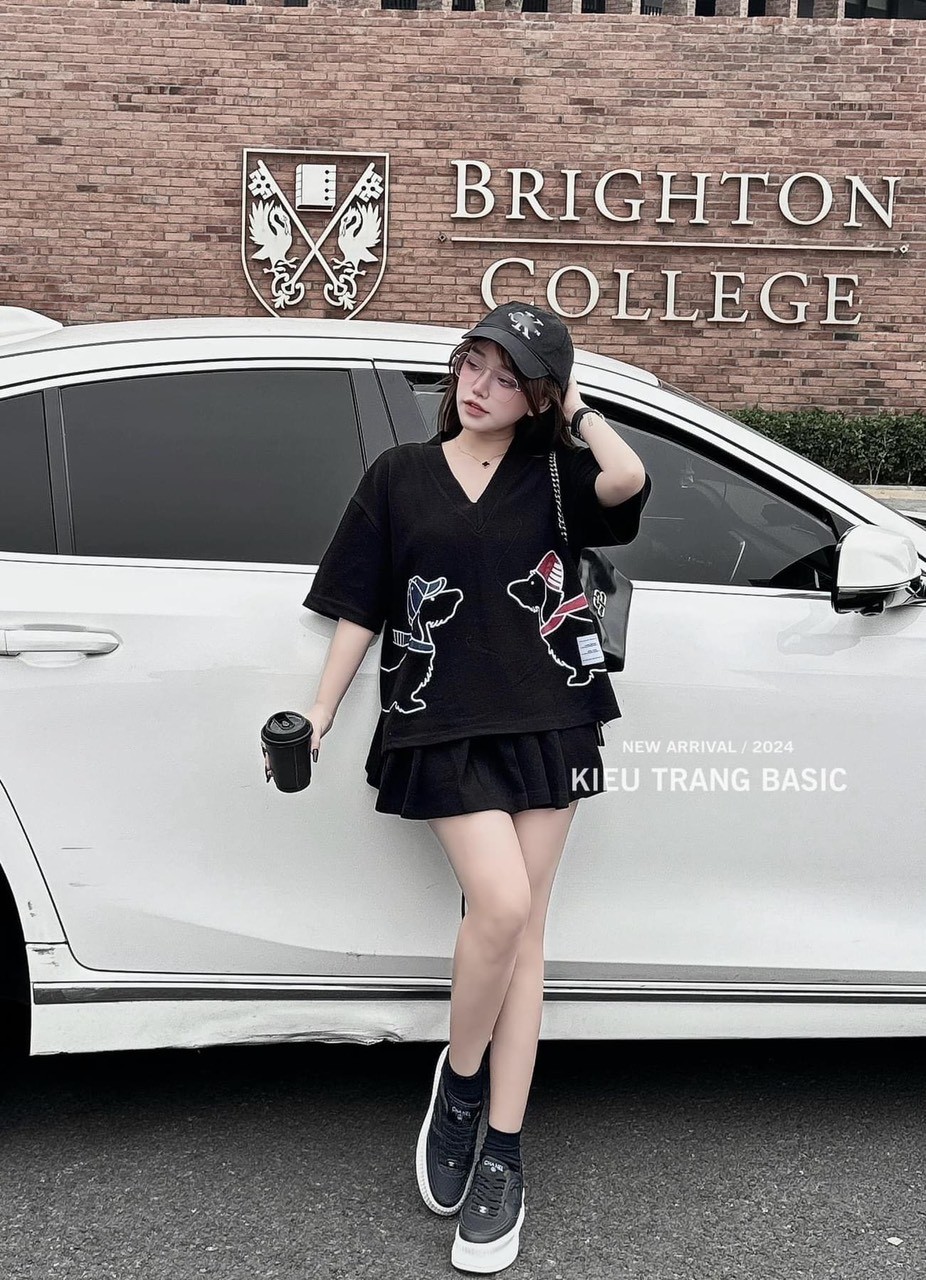 Sét CV Xếp Ly Ngắn Áo Phông Chó 2 Màu
