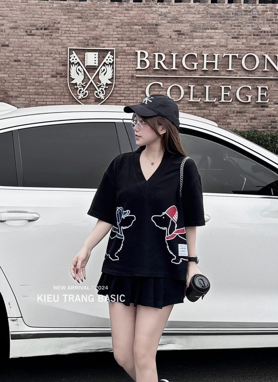 Sét CV Xếp Ly Ngắn Áo Phông Chó 2 Màu