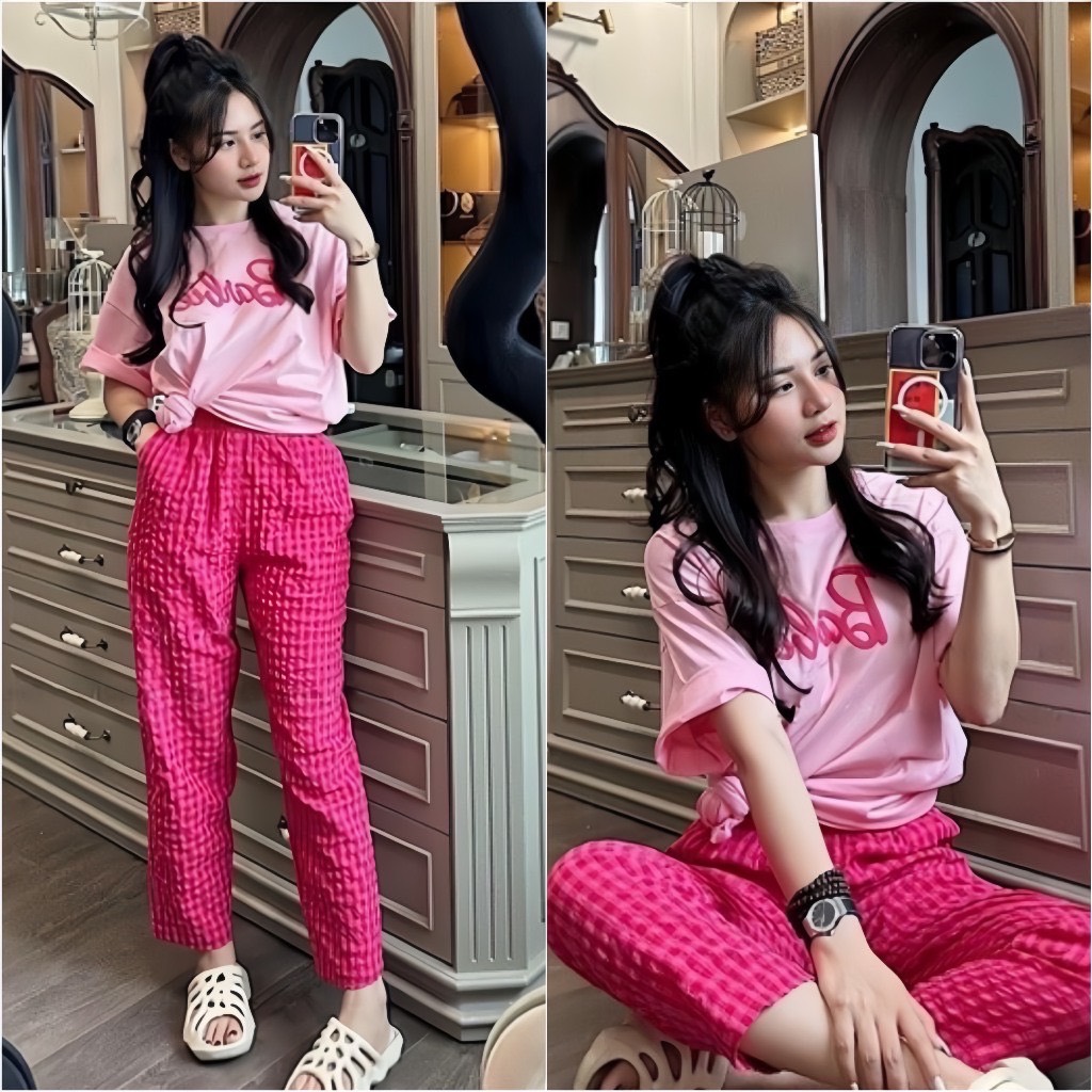 Bộ Quần Kẻ Tím Áo Phông Barbie