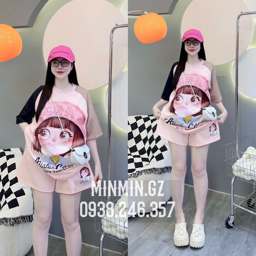 Bộ Cộc 3 Màu In Cô Gái Mũ Hồng