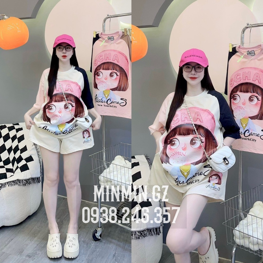 Bộ Cộc 3 Màu In Cô Gái Mũ Hồng