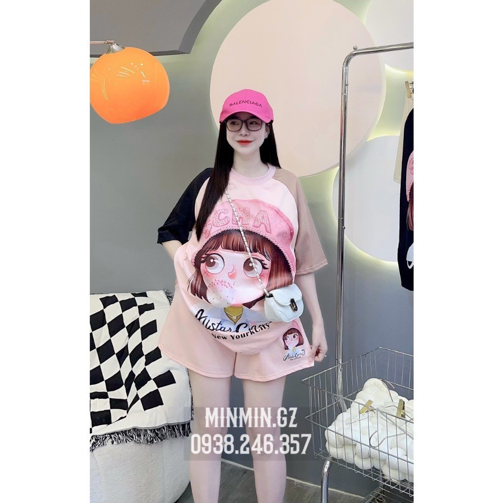Bộ Cộc 3 Màu In Cô Gái Mũ Hồng