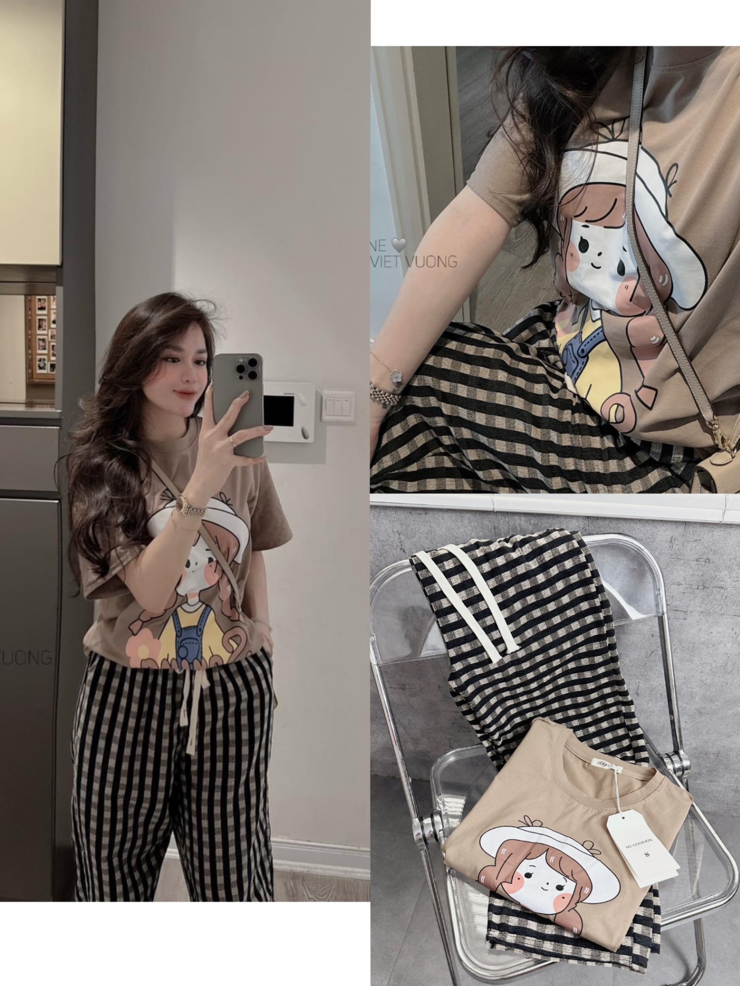 Bộ Quần Kẻ Áo Nâu In Bé Gái Đội Mũ