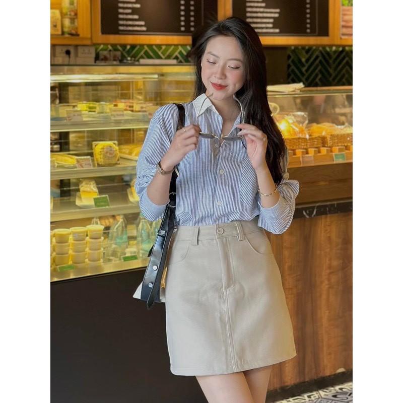 Áo Sơ Mi GU Cổ Tàu Tay Vạt Đệm Vai