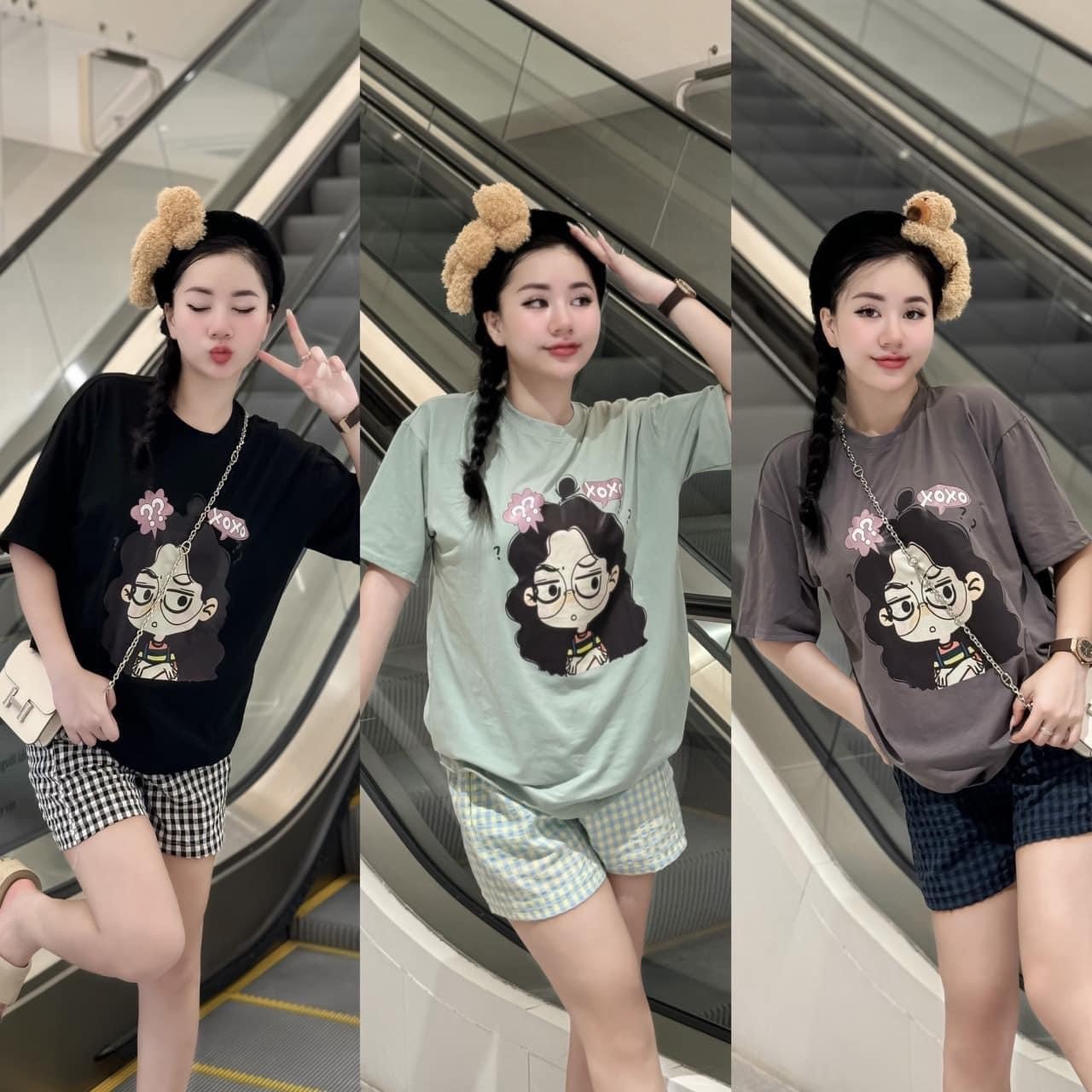 Bộ Cotton Đùi Quần Đũi Kẻ Caro In Cô Gái