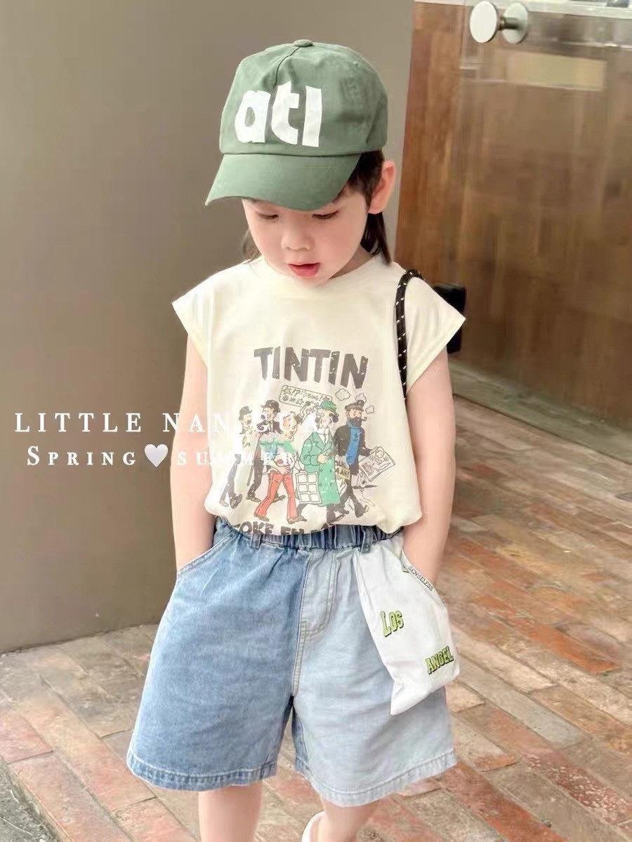 Bộ Quần Sooc Bò Áo Sát Nách Tintin Kèm Mũ Cho Bé