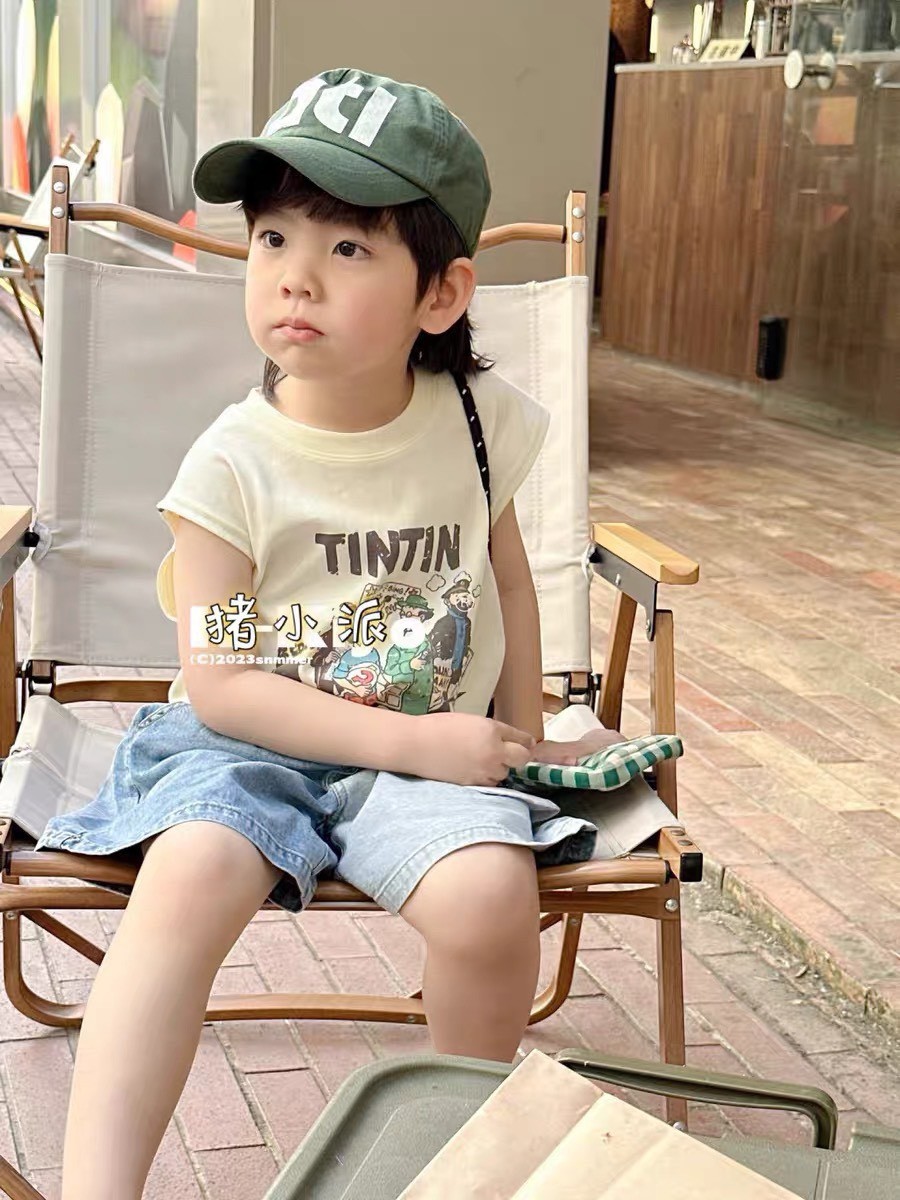 Bộ Quần Sooc Bò Áo Sát Nách Tintin Kèm Mũ Cho Bé