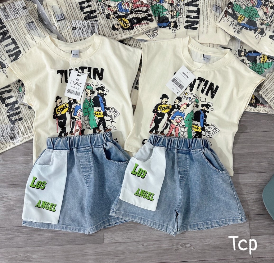 Bộ Quần Sooc Bò Áo Sát Nách Tintin Kèm Mũ Cho Bé