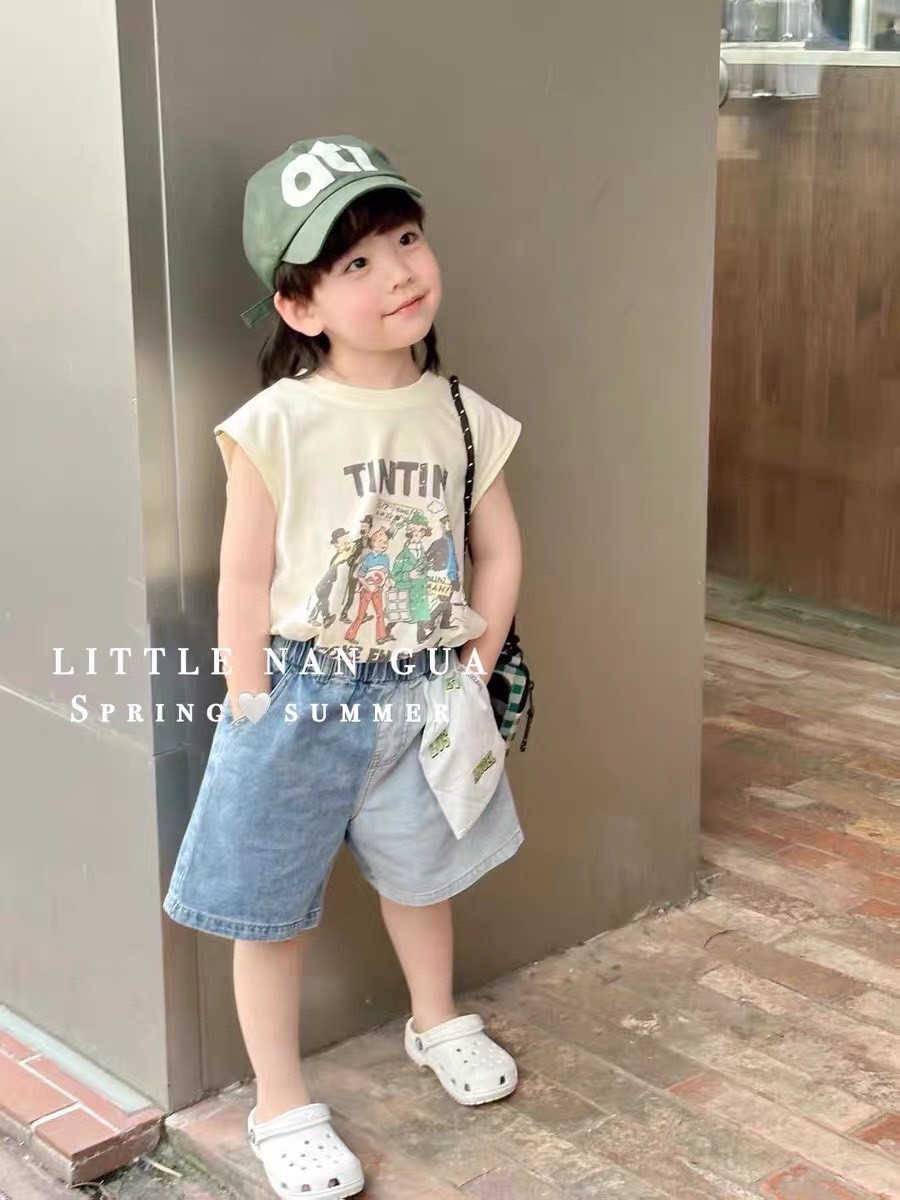 Bộ Quần Sooc Bò Áo Sát Nách Tintin Kèm Mũ Cho Bé