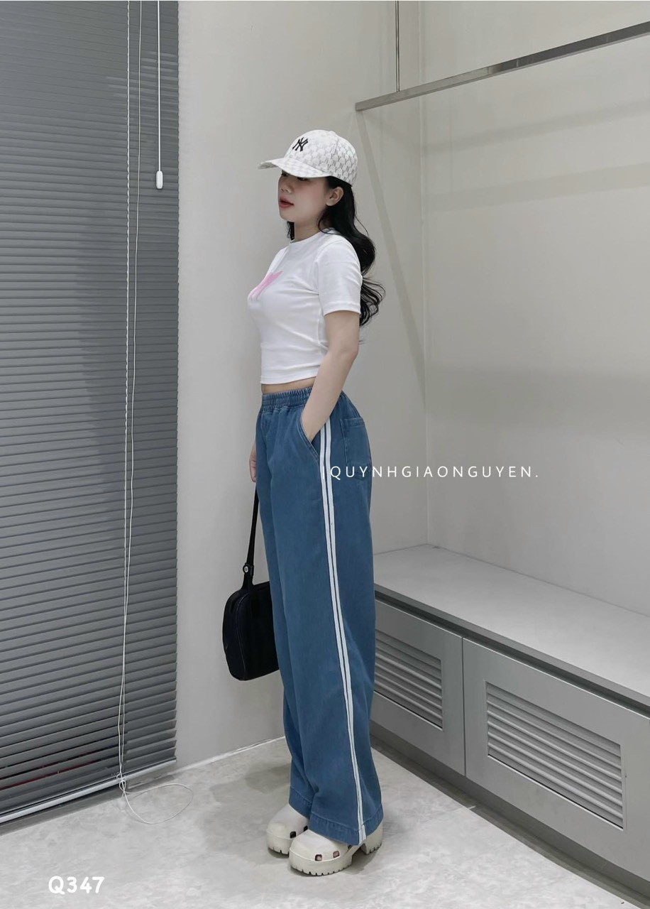 Quần Jeans Suông Cạp Chun Viền Trắng